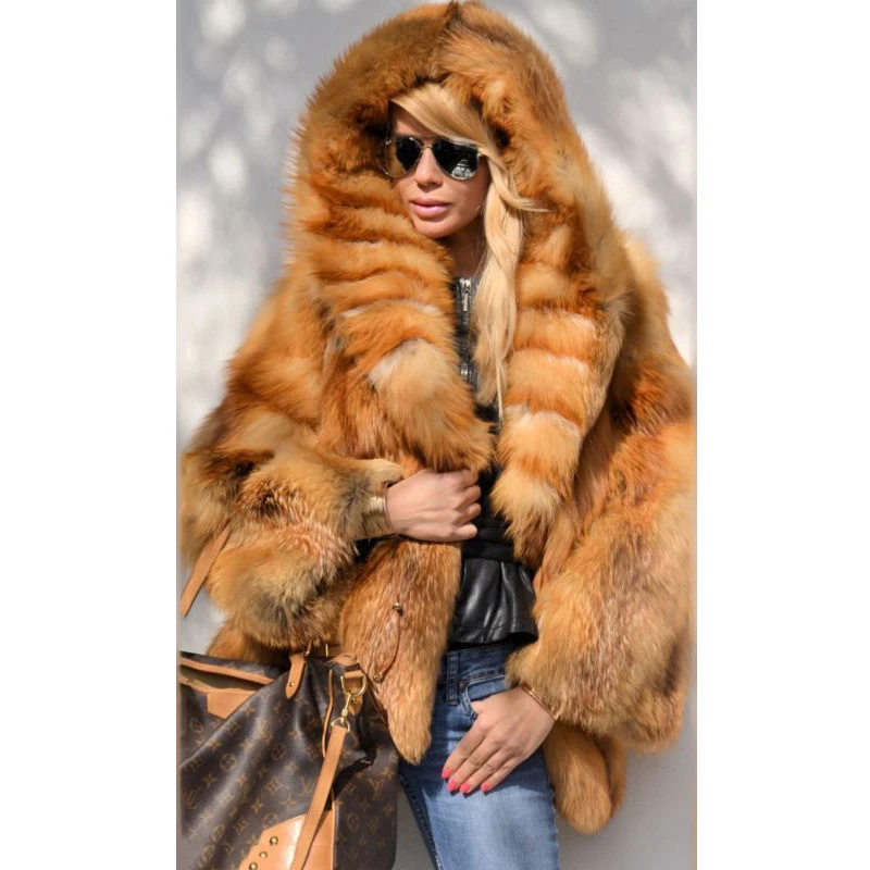 Women Natural Real Red Fox Fur Coats With Hood Winter Fashion 2022 New Whole Skin Genuine Fox Fur Jackets Woman Trendy Outwear