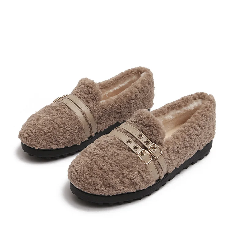 Belt Strap Fur Ballerina Shoes Woman Winter Thicken Fur Flats Real Lambsfur Moccasins Ladies Girl Comfy Creepers Short Fur Boots