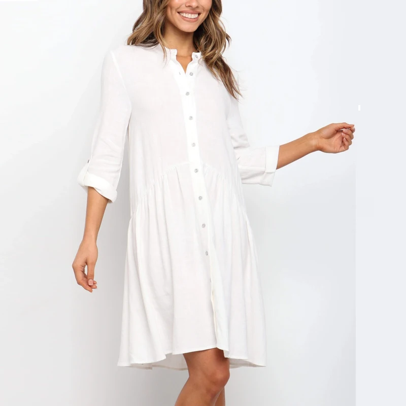 

Women Elegant O-Neck Solid Color A-Line Dress 2020 Autumn Casual Half Sleeve Button Party Dress Ladies Loose Cotton Midi Dresses