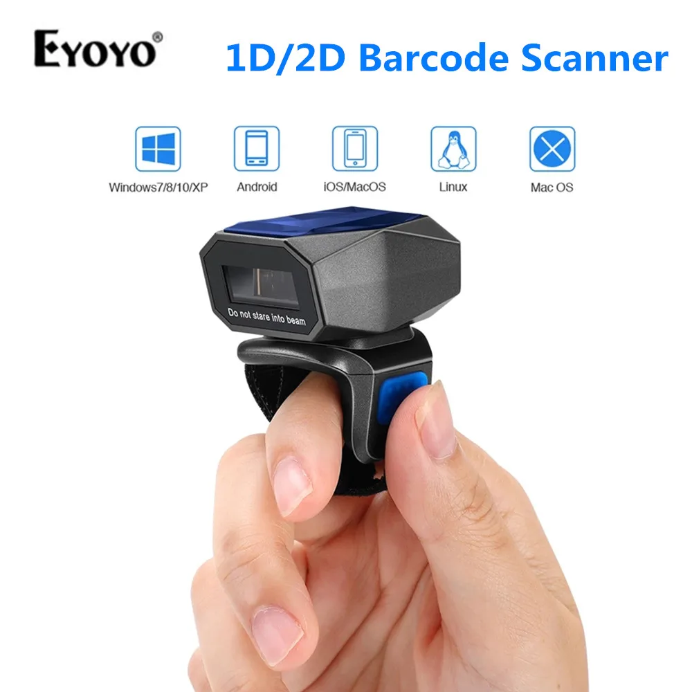 Eyoyo 1D 2D Wearable Ring Barcode Scanner Upgrade Portable Mini Finger Bar Code Reader 2.4GHz Wireless Bluetooth USB Scanner