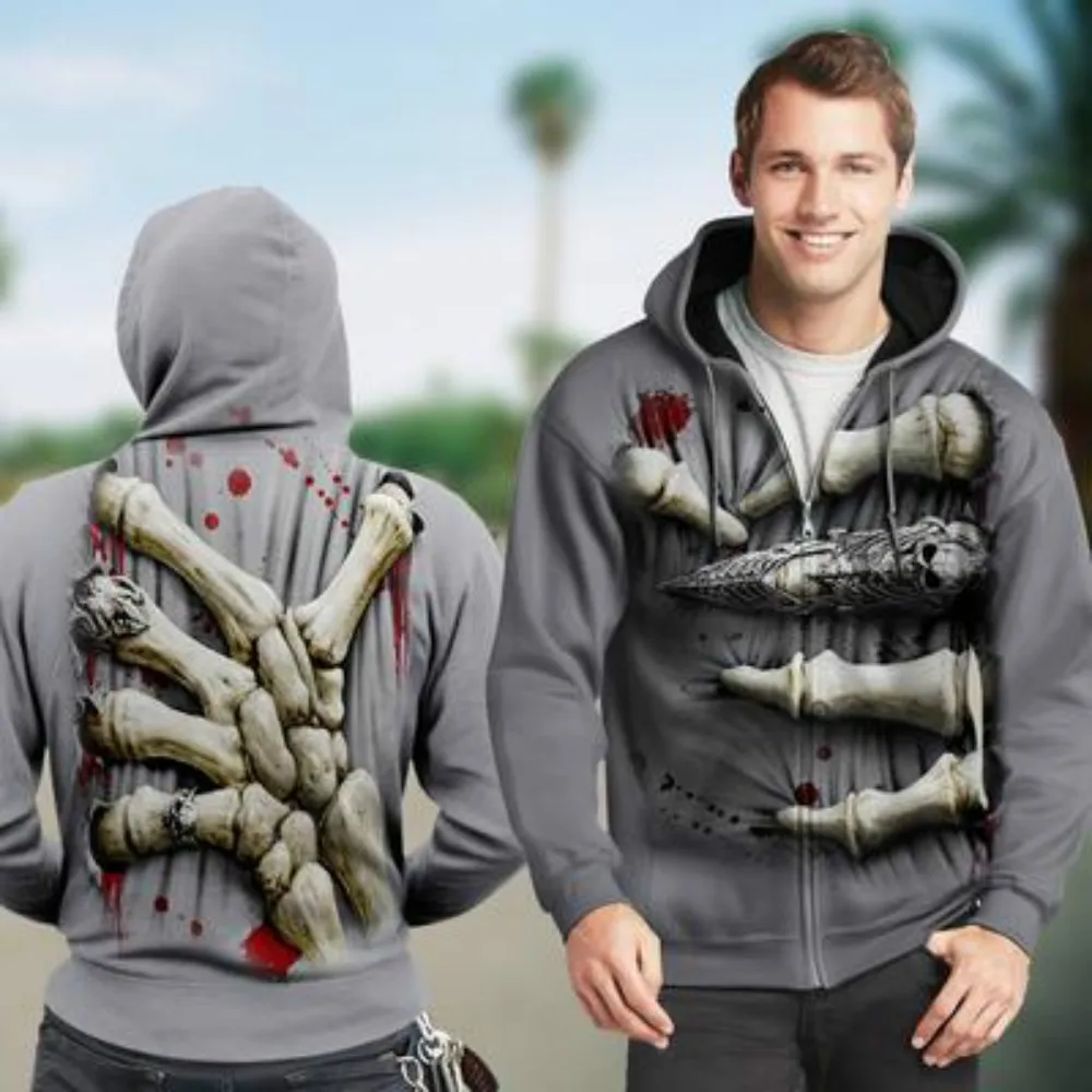 

Men Hip Hop Hoodie Sweatshirt Gothic Horror Skull Print Punk Chain High Street Hipster Baggy Hooded Pullover Streetwear