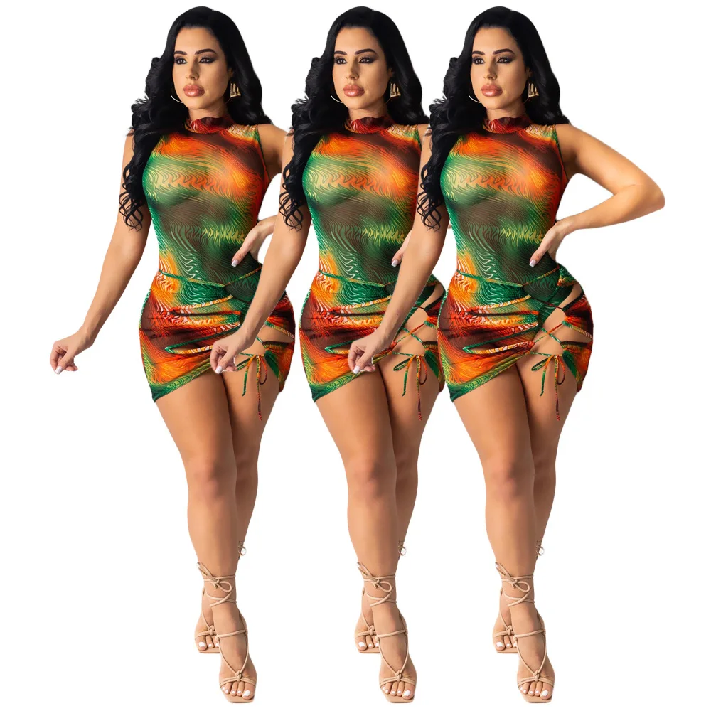 

Красочные летние женские облегающие прозрачные сетчатые платья с цифровой печатью