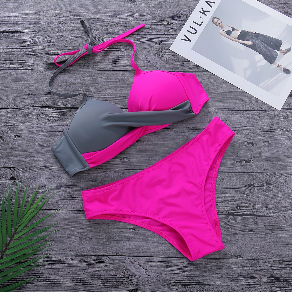 Push Up Swimsuit Sexy Bikinis Set Halter Top Solid Bikini Women Chest Cross Swimwear female Bathing Suit Biquini | Женская одежда