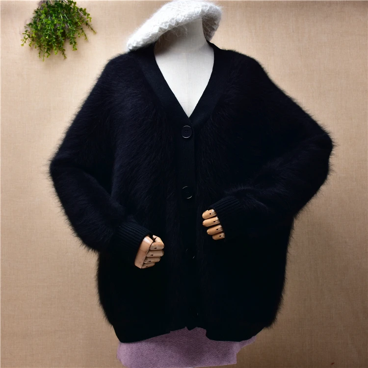 

female women soft hairy mink cashmere knitted long sleeves loose plus size v-neck cardigan angora fur jacket coat sweater pull