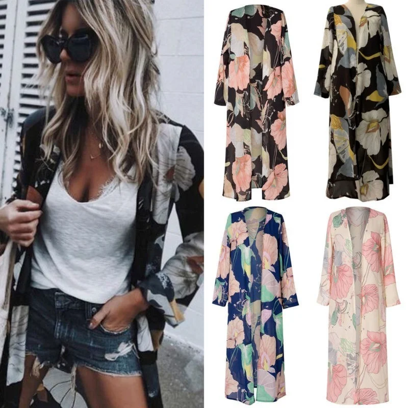 

S-2XL Women Chiffon Cardigan Floral Long Sleeve Cardigans Oversize