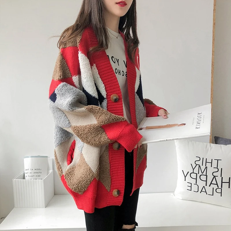

Autumn winter cardigan women 2019 fashionable Casual Plaid V-Neck Cardigans Single Breasted Puff Sleeve Loose red blue Preppy