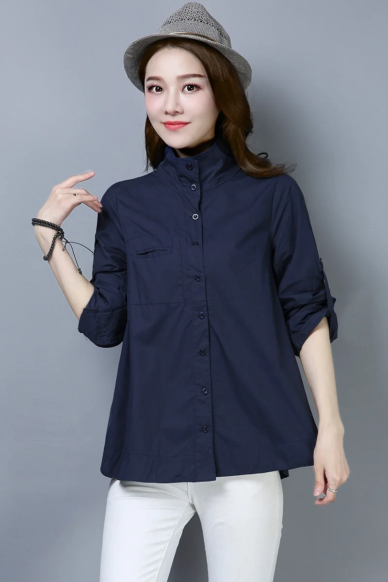 

Spring/Summer 2021 long-sleeved straight stand collar all-match comfortable casual stand-collar solid color shirt