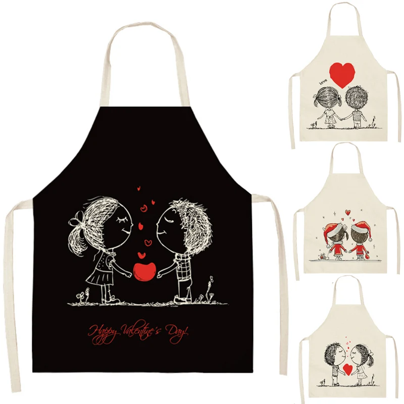 

Lovers Printed Cotton Linen Heart Sleeveless Aprons Kitchen Women Pinafore Home Cooking Baking Waist Bib 66x47cm
