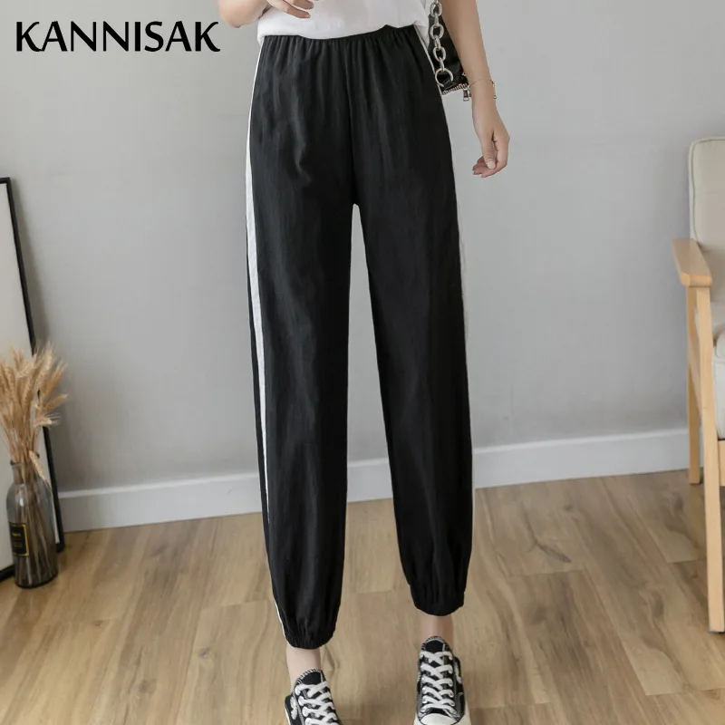 

Women Pants Cotton Linen Casual Spliced Striped Spring Summer Korean Sweet Girls Capris Breathable Ankle Lenght Loose Trousers