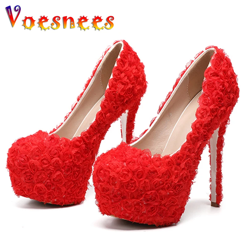 

2021 HOT White Rose Flower Lace Wedding Shoes High Heel 14CM Bridal Shoes Princess Pumps Platform Shoes Women Plus Size 34-43