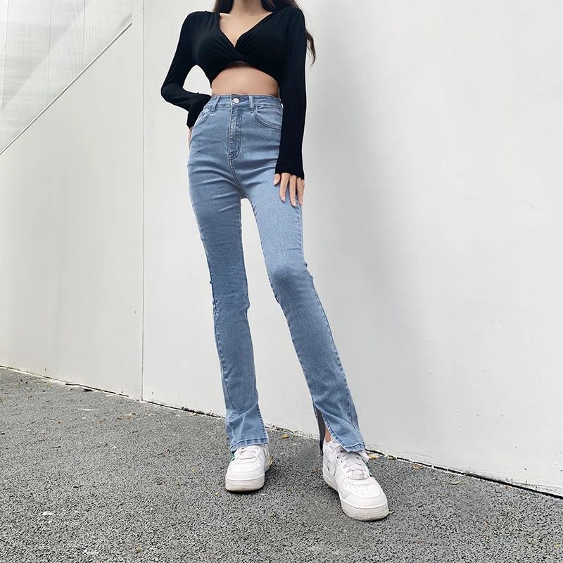 2023 Spring and Autumn Chic High Waist Blue Denim Pants Small Split Slim Thin Flared Jeans Casual Pencil Tight Skinny Trousers