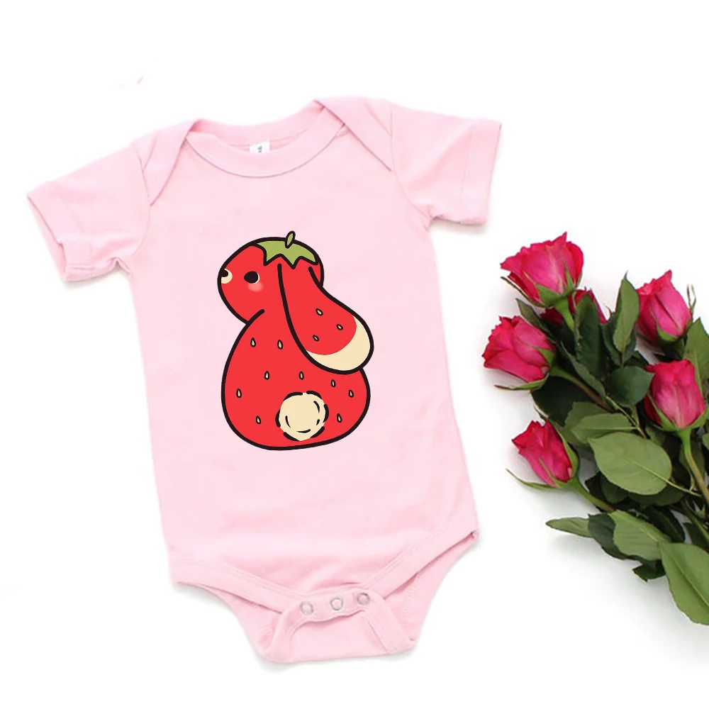 

Funny Strawberry Rabbit Print Toddler Bodysuit Cute Sweet Style Pink Baby Clothes Soft Girl Aesthetic Romper Newborn Pajamas