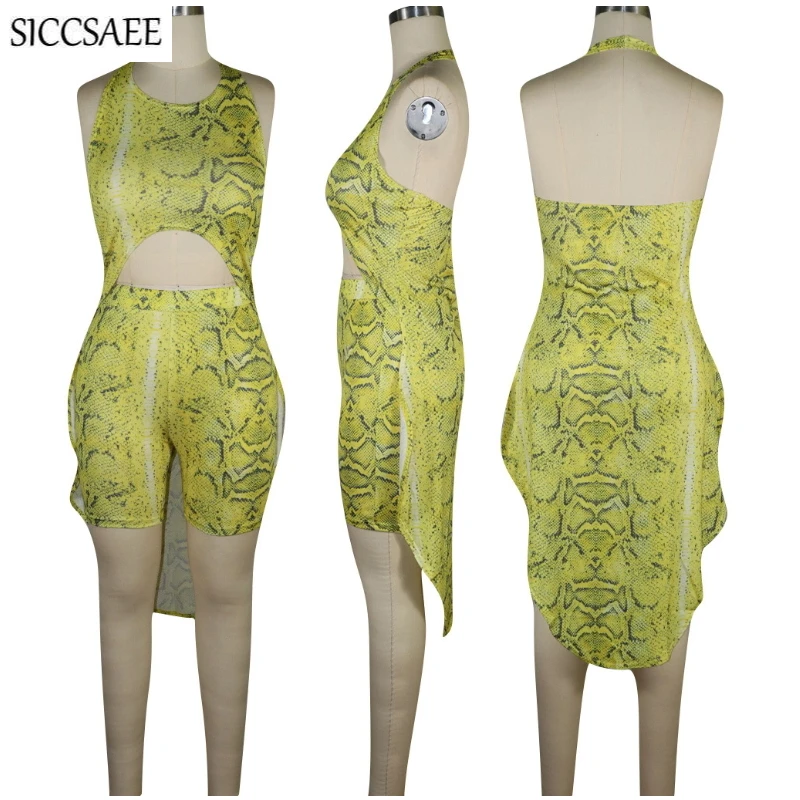 

Snake Skin Print Two Piece Set Halter Asymmetrical Tops Backless Bodycon Bodysuit Serpentine Shorts Sets For Women Sexy Clubwear