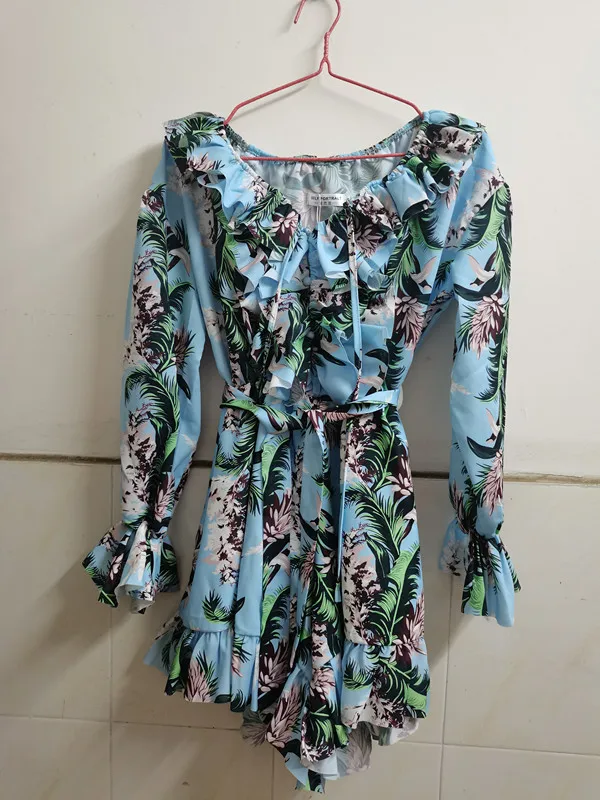 Women Runway Print Floral Chiffon Elastic Waist Rompers With Belt 2021 Summer Flare Sleeve Loose Boho Beach Hoilday Jumpsuits |