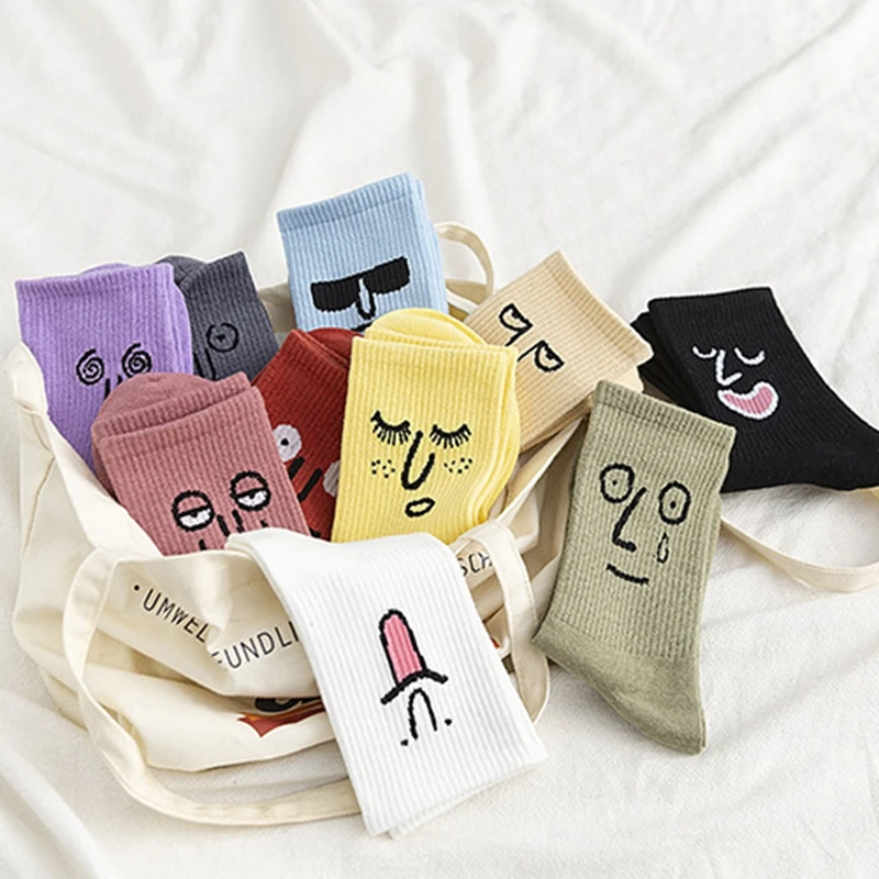 Осенние новые хлопковые корейские женские чулки с забавным выражением