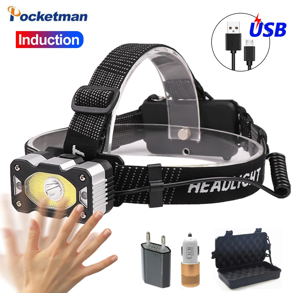 

Portable LED Headlamp Body Motion Sensor Headlight with White Red Light USB Rechargeable Head Torch Use18650 Battery for Camping