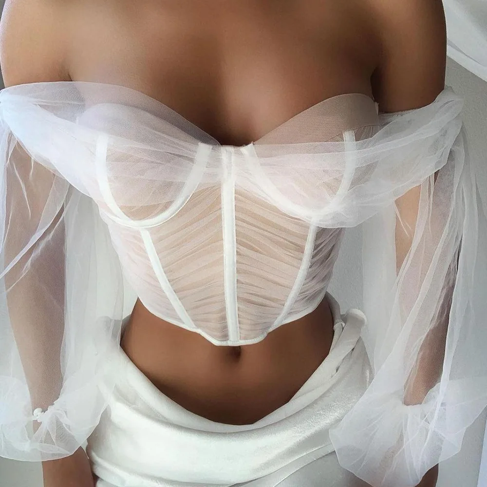 

2021 Summer Women Corset T-shirt Bone Patchwork Off Shoulder Crop Top Ruched Camis Puff Sleeve Mesh See Through Bustier Cincher