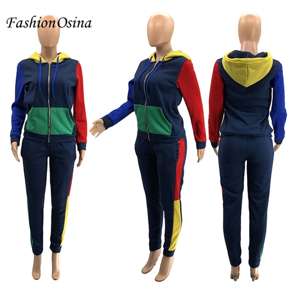 

F.OColor Block Patchwork Two Piece Set For Women Hoodies Jacket Top And Sweatpants Set Joggers Casual Tracksuit Woman Sportwear