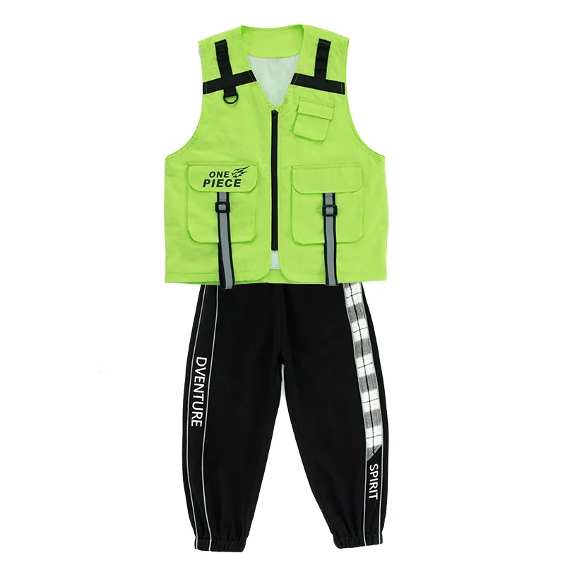 

2021 Hip Hop Costumes Kids Green Vest Sport Pants For Boys Girls Hip Hop Jazz Dance Wear Ballroom Dancing Clothes Stage Suits