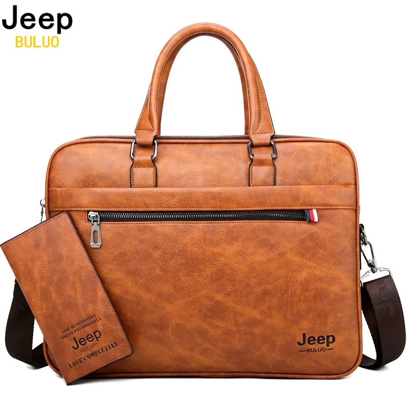 Мужской портфель для офиса jeep buluo, оранжевая сумка для ноутбука 14, iPad, деловая кожаная сумка с ремнем через плечо, брендовая сумка, все сезоны...