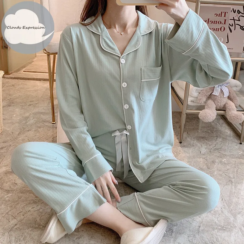 

Spring Autumn Brand New Elastic Polyester Women's Pajama Sets Cute Girls Casual Grid Sleepwear Turn-down Collar Homewear Suits