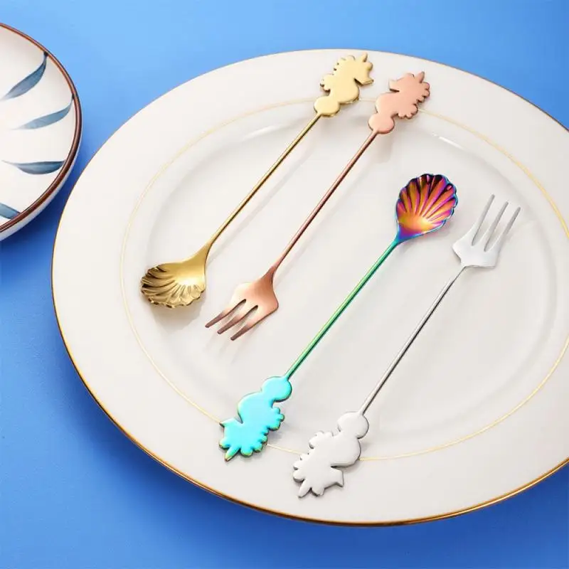 

6 Pcs304 Stainless Steel Coffee Spoon Dessert Spoon Fork Seahorse Shell Modeling Ice Cream Spoon Tea Spoon Creative Tableware