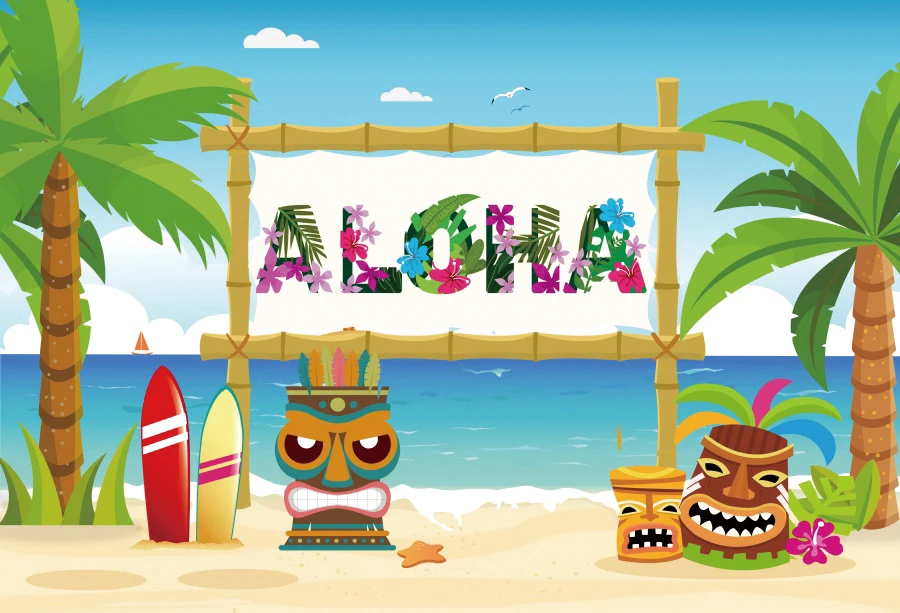 Summer Aloha Luau Backdrop Suitable For Tropical Hawaiian Beach Tiki Bar Mask Party Photo Background Banner Decortion