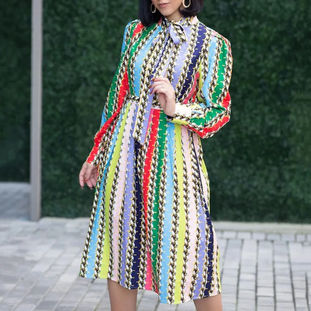 Женское платье в полоску большие размеры винтажное с бантом длинным рукавом