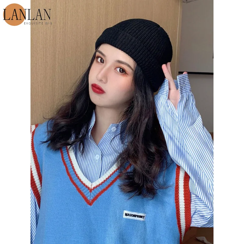 

LANLNA wig female mid-length hair autumn and winter knitted woolen hat wig integrated fashionable water ripple curly hair wig.