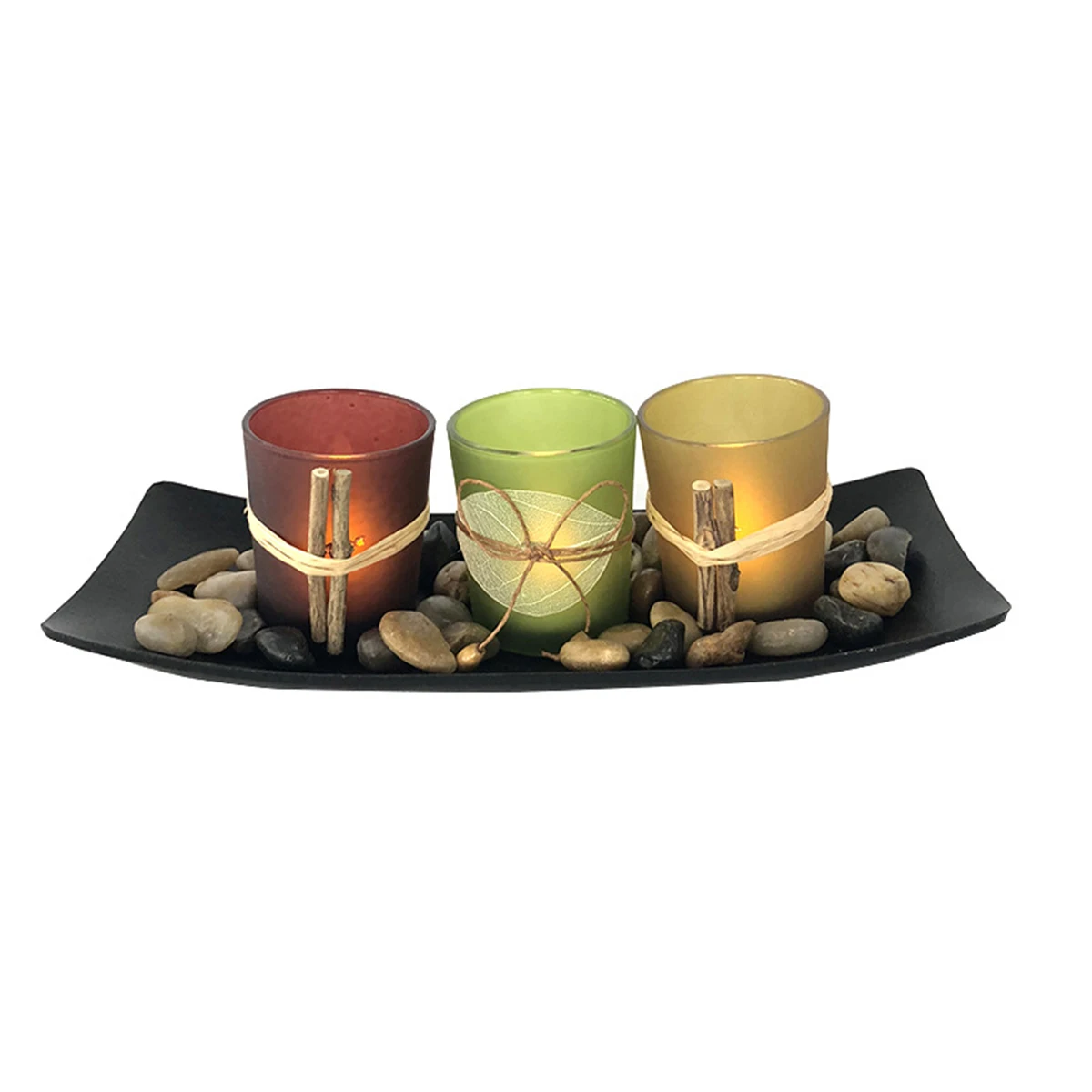 

Glass Candle Holder Set with Tray Ornamental Stones for Dining Room Table Coffee Table Decor