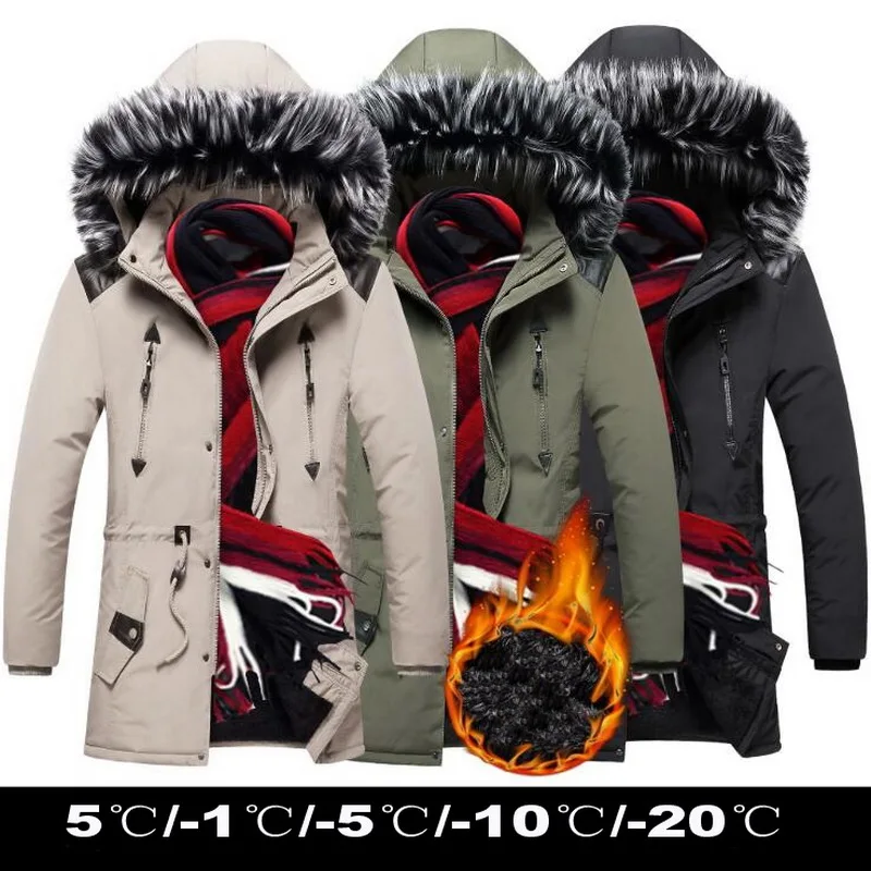 Зимняя парка с меховым воротником Длинная зимняя куртка Мужская Толстая теплая
