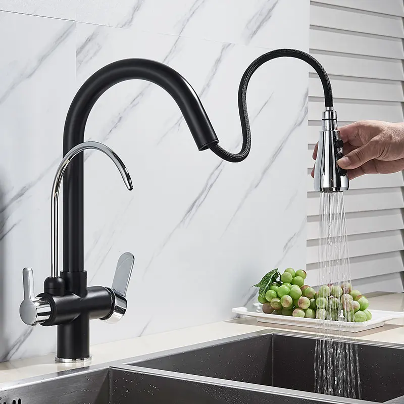 Filtered Crane For Kitchen Matte Black Pull Out Spray 360 Rotation Water Filter Tap Three Ways Sink Mixer Faucet | Обустройство дома