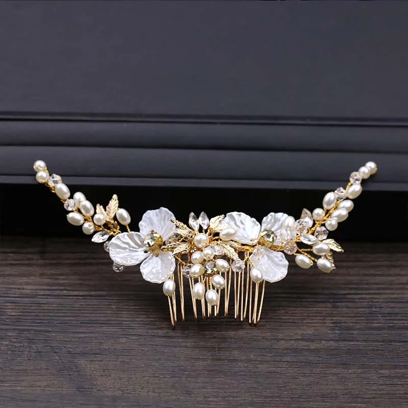 

Hot Sale Delicate White Flower Leaves Simulated Pearls Crystal Hair Combs Noiva Bride Bridal Wedding Party Headpieces