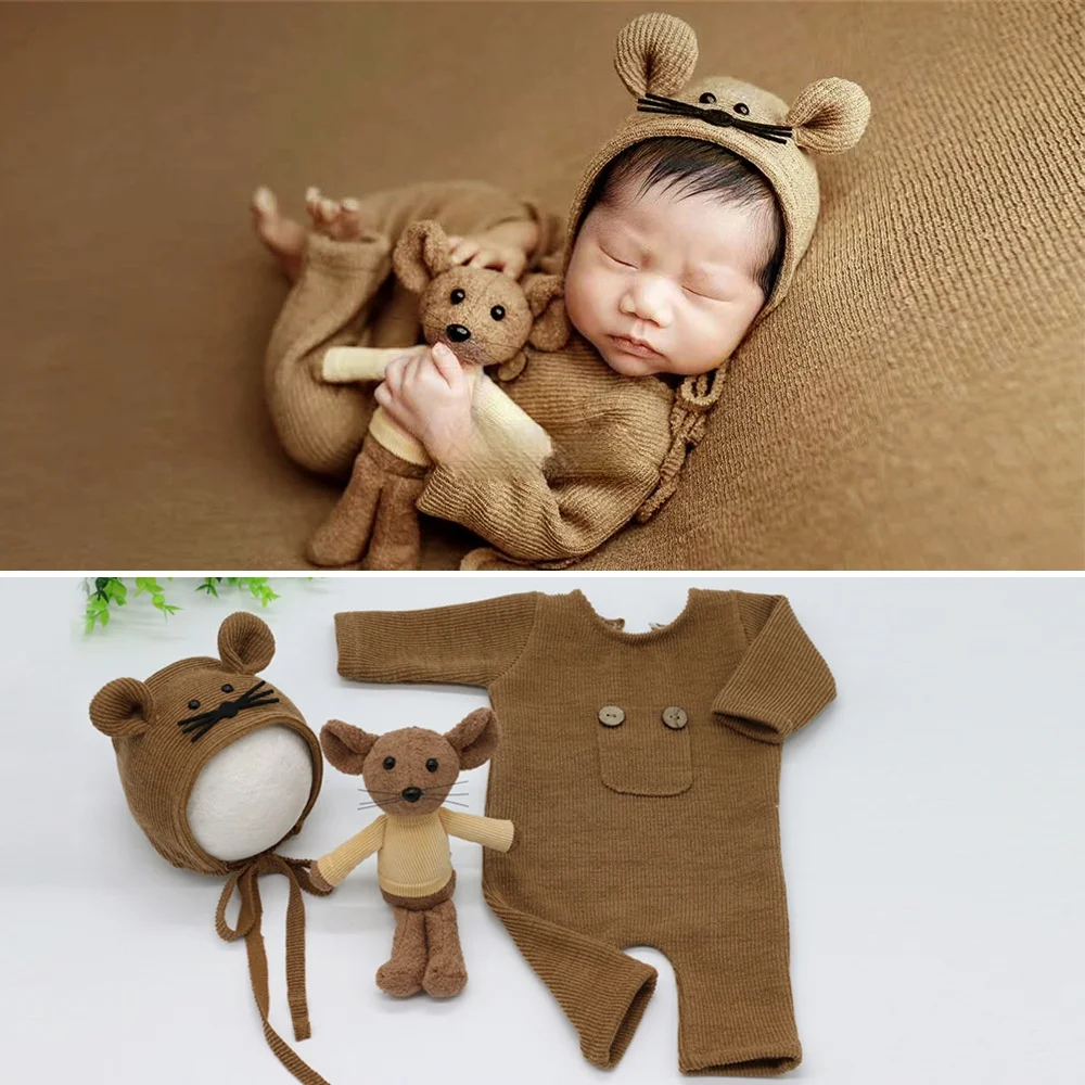 

Direct Selling Time-limited Three-piece Newborn Photography Suit Hat Boys And Girls Soft Knitting Outfits Romper Props