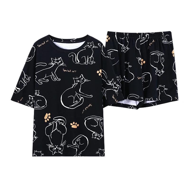 

Fashion Korean Black Cotton Short Sleeve Sleepwear Female Cute Cats Print Elastic Waist Loose Summer Homewear Women Pajamas Sets