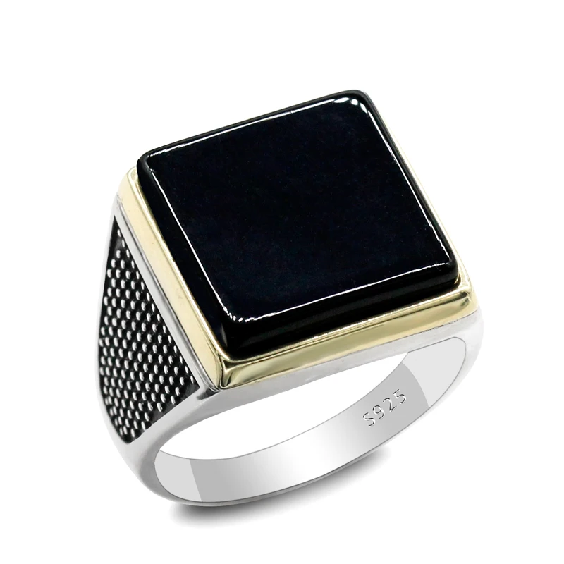 

Solid 925 Sterling Silver Ring Simple Men's Black Square Black Agate Stone High Polished Ring Middle East Turkish Jewelry Punk S