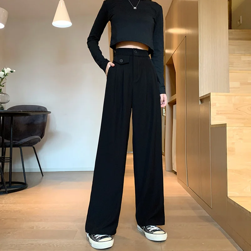 

Autumn Black High Waist Slimming Autumn and Winter Small 150 Draped Suit Wide Leg Pants Draping Effect Short Spring and Autumn