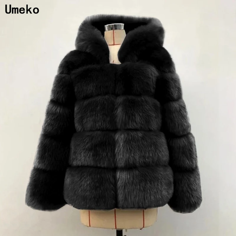 

Женское пальто из искусственного лисьего меха, однотонное короткое пальто с капюшоном и длинным рукавом, Осень-зима 2022