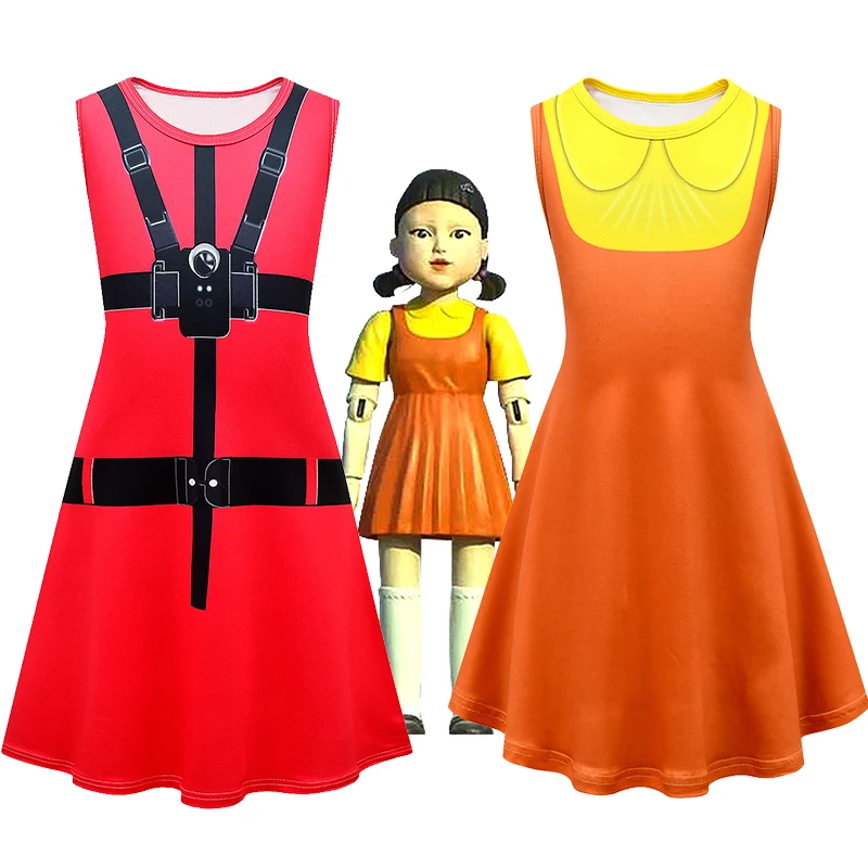 

Grils Dress Squid Game Manager red Print 123 Wooden Man Dresses Party Princess Dress Sleeveless Birthday Christmas Kids Gift