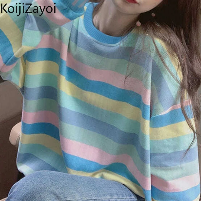 

Koijizayoi Casual Loose Women Striped Sweatshirt Long Sleeves O Neck Lady Chic Fashion Hoodies Spring Autumn Outwear Tops 2022