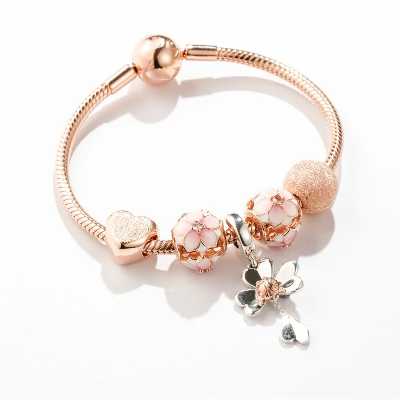 

Authentic 925 Sterling Silver Original Rose Harmonious Heartspan Bracelet Set Clear CZ Fit Women Bangle Charm DIY Jewelry