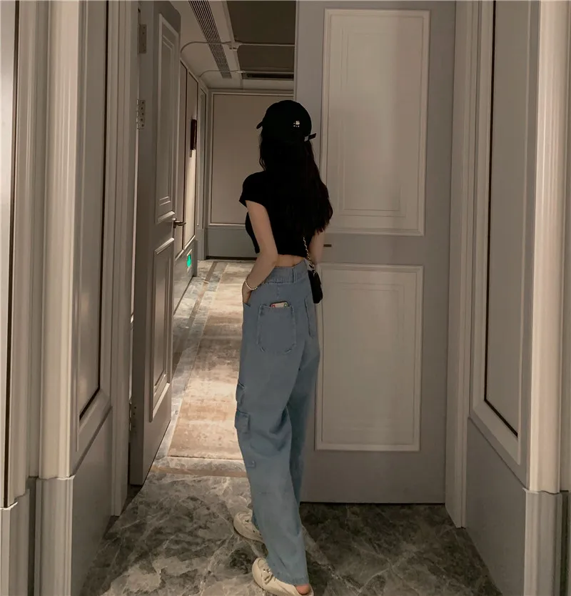 

Blue All-match Jeans Woman Casual High Waisted Straight Slim Vintage Wide Leg Denim Pants with Pocket Cargo Pants Office Lady