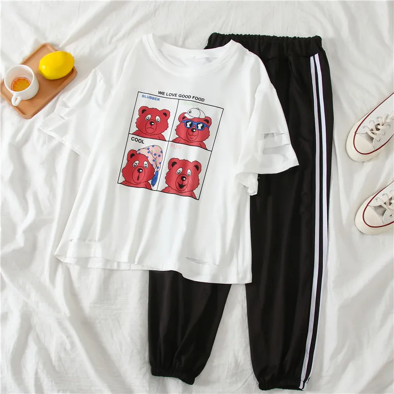 

Pant+Tshirt Outfit Trouser Suits Two Piece Set Women Black Stripe Legging Bear Print Tracksuit Sportwear Female Fitness 2021