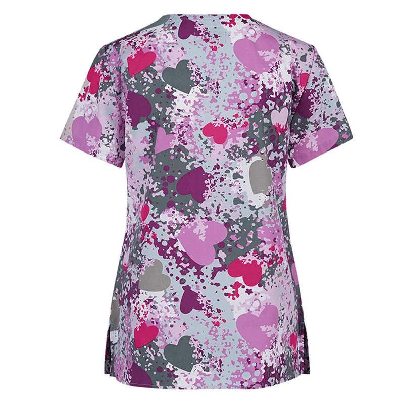 

Short Sleeve Pockets V-Neck Pullover Heart Printed Tops Fashion T Shirt Casual Style Working Uniform Women Summer Clothes