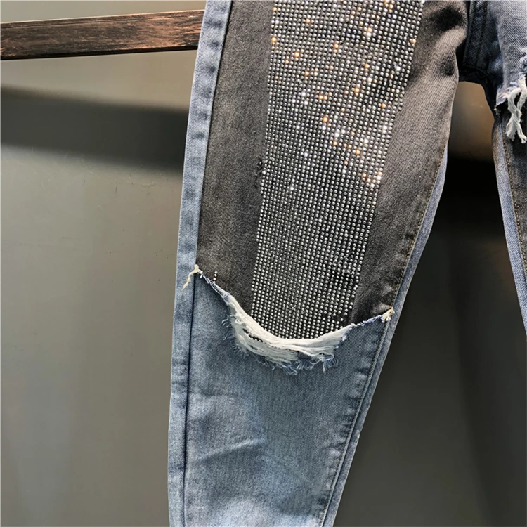 Spring Autumn Fashion AB Face Hit Color Stitching Jeans Women Diamond Ankle Length High Waist Harem Pants J459
