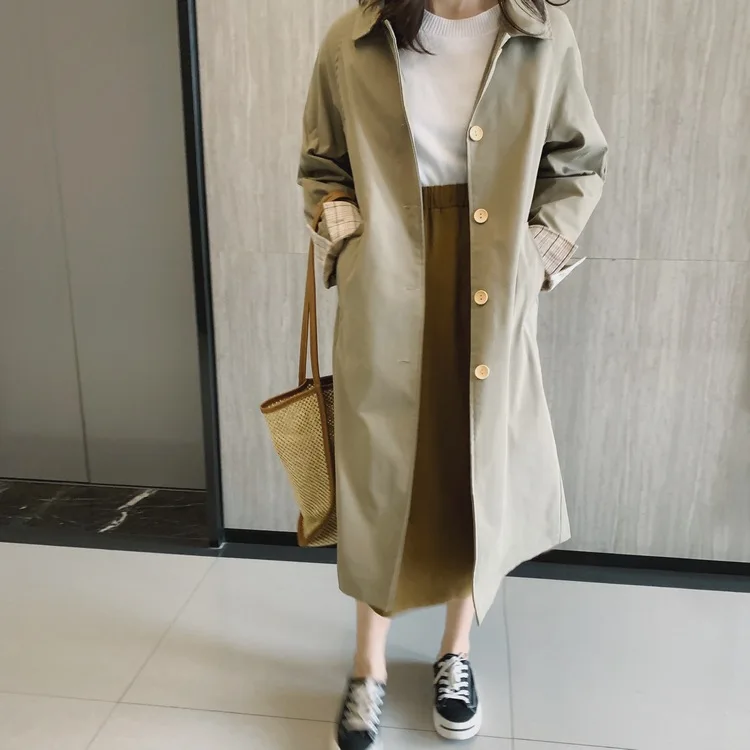 Женское длинное пальто с отложным воротником свободный тренчкот цвета хаки