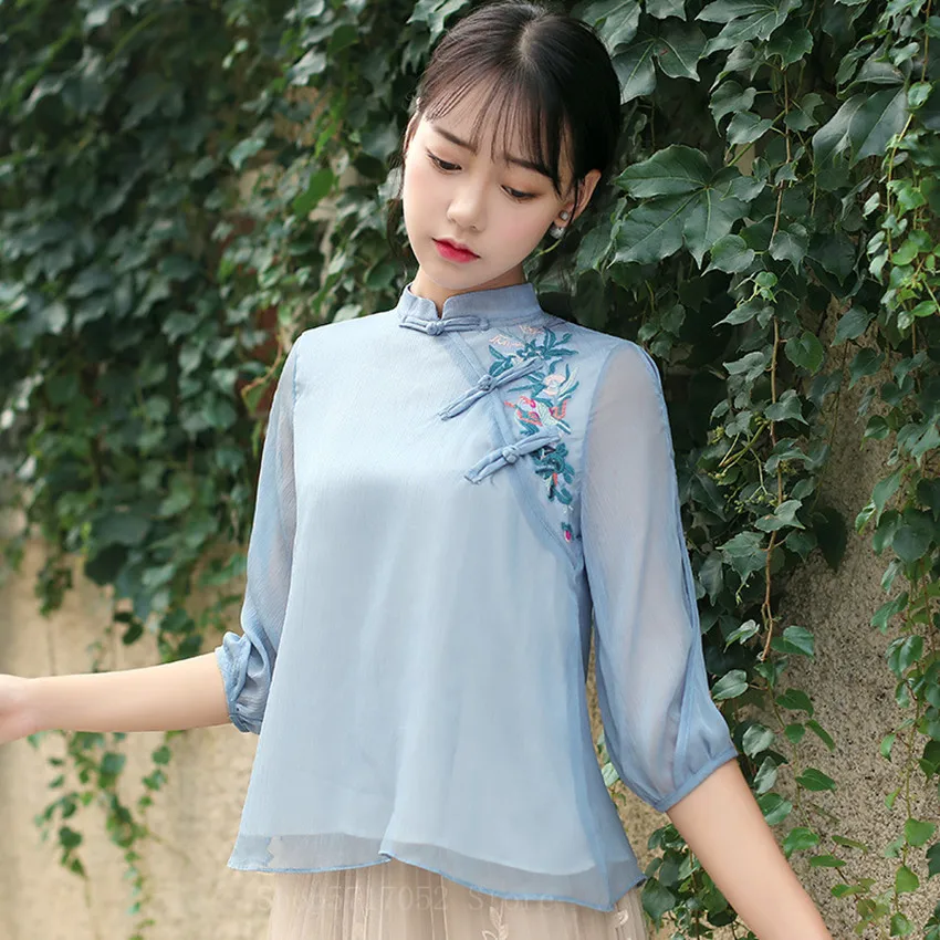 

2021 Woman Embroidery Lace Chiffon Top Vintage Hanfu Autumu Blouse Tang Suit Traditional Chinese Clothing for Women Oriental