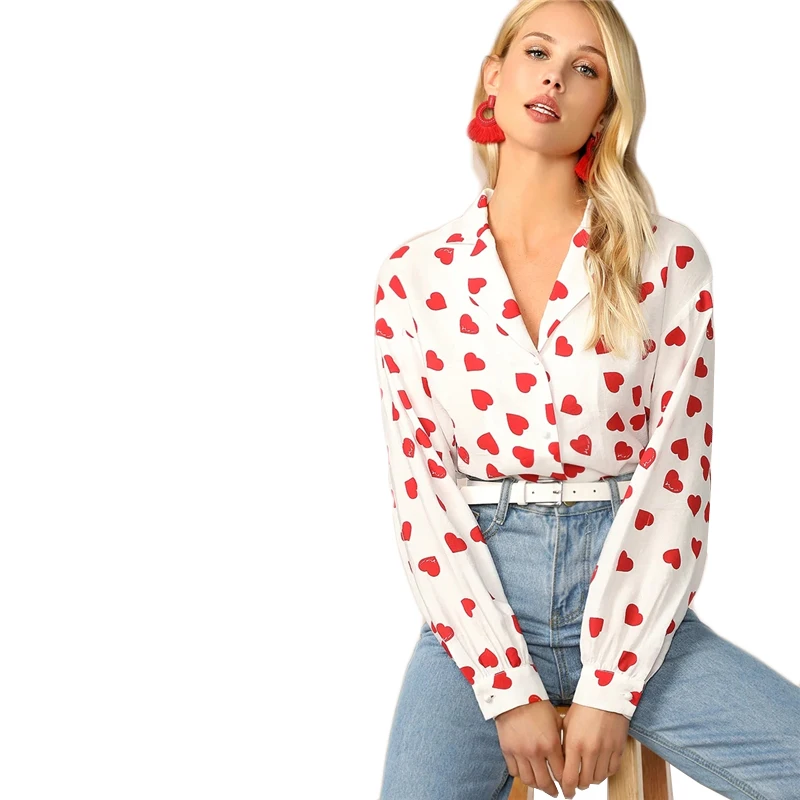 Dotfashion, повседневная желтая блузка с принтом сердца, женская рубашка, осень, на пуговицах, v-образный вырез, блузки для девушек, отделка, милый топ