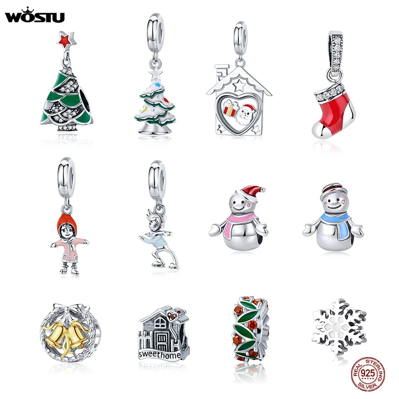WOSTU, 925 пробы, серебро, Рождественская елка, бусины, Санта Клаус, снеговик, снежинка, шарм, подходит для оригинального браслета, кулон, ювелирное изделие, подарок