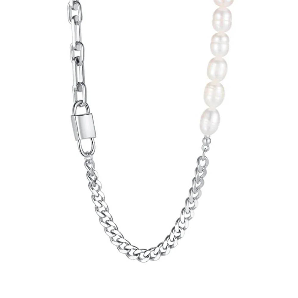 

Stainless Steel Minimalism Splicing Artificial Pearl Lock Pendant Necklace Fashion Women Delicate Jewelry Gift For Him